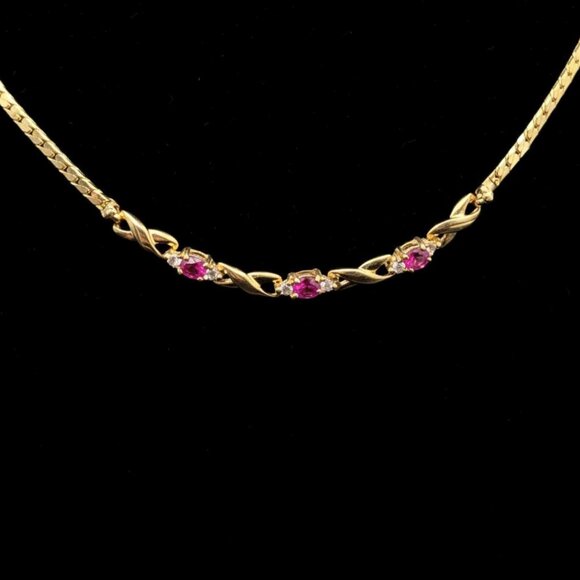 Vintage Faux Pink Sapphire and Cubic Zirconia Necklace 18K GE Designer Signed - Picture 1 of 7